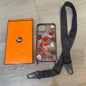 Strawberry Pattern iPhone 15 Plus Case with Strap